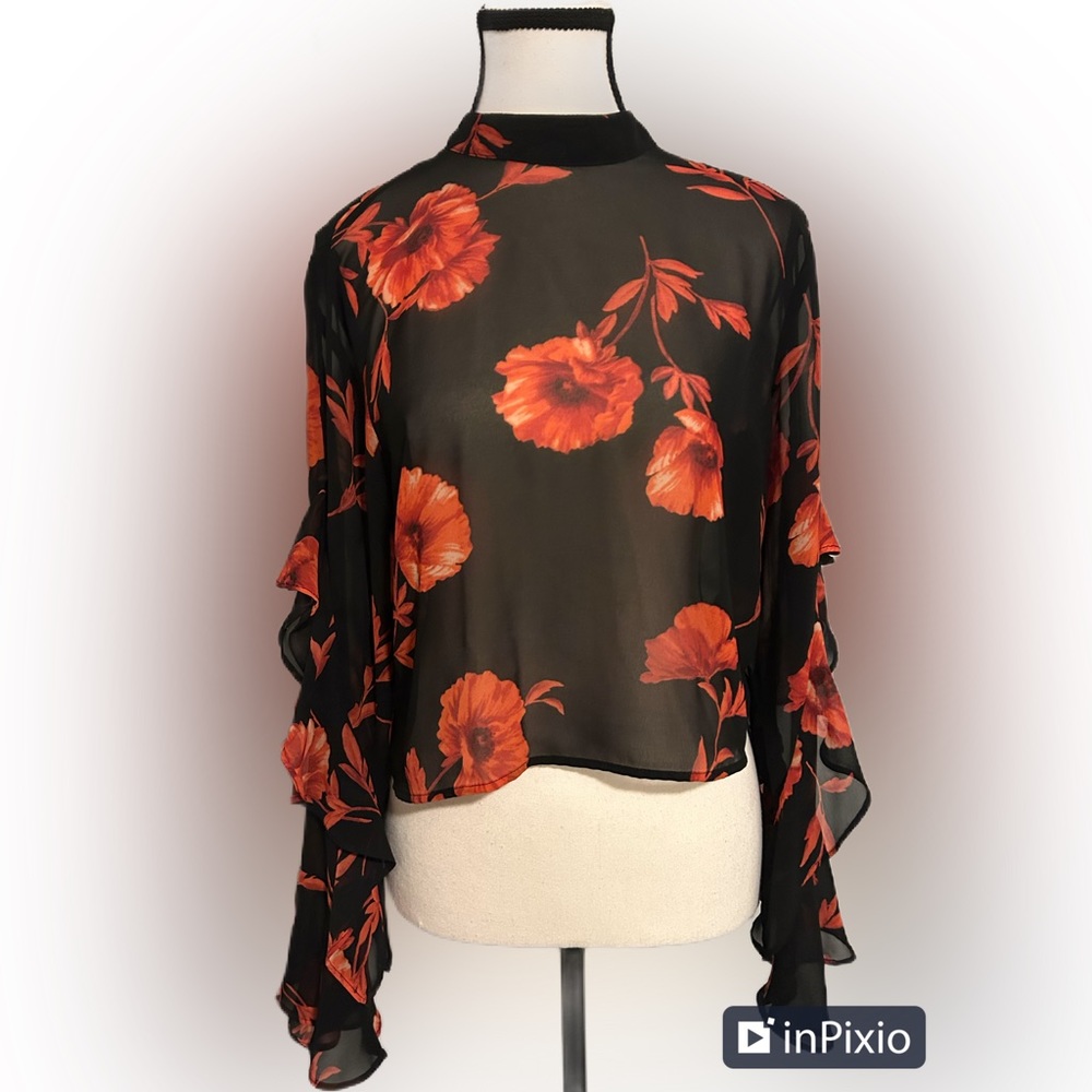 Forever 21 Cropped Floral Ruffled Long Sleeve Sheer Women's Blouse Size M